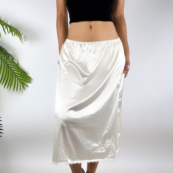 Vintage 90s White Coquette Cottagecore Angelcore Midi Lace Half Slip Skirt / 3X - Picture 2 of 9